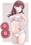  1girl absurdres angry border bra breasts brown_eyes brown_hair commentary_request fertilization frown garylin hand_on_hip highres impregnation kantai_collection large_breasts long_hair looking_at_viewer ooi_(kancolle) ovum panties purple_background solo sperm_cell underwear white_border white_bra white_panties 