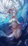  1girl alternate_costume bare_legs bikini breasts clothes_lift fire_emblem fire_emblem_heroes flower flower_necklace freyja_(fire_emblem) grey_hair hair_flower hair_ornament horns jewelry large_breasts long_hair mitsu_(mitsu_art) necklace pelvic_curtain red_eyes red_horns solo swimsuit underwater very_long_hair white_bikini white_swimsuit 