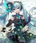  1girl :d black_gloves black_legwear blue_eyes blue_hair blue_nails cowboy_shot cyawa dot_nose elbow_gloves fingernails gloves glowing_nails gradient_hair green_skirt hair_between_eyes hair_ornament hands_up happy_birthday hatsune_miku headphones headset highres long_hair looking_at_viewer microphone multicolored_hair nails_visible_through_gloves open_mouth skirt smile solo standing thighhighs twintails very_long_hair vocaloid 
