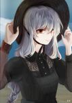  1girl absurdres arknights black_dress dress hands_on_headwear highres kybe-2-haizara ponytail red_eyes sky solo specter_(arknights) upper_body white_hair 