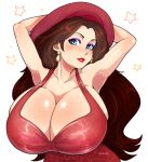  1girl alternate_breast_size armpits arms_behind_head artist_name blue_eyes blush breasts brown_hair bursting_breasts cleavage collarbone donkey_kong_(series) dress earrings eyelashes eyeshadow fedora glint gold_earrings hat highres huge_breasts jewelry lips lipstick long_hair looking_at_viewer makeup mario_(series) pauline_(mario) pinkkoffin purple_eyeshadow red_dress red_headwear red_lips sleeveless sleeveless_dress smile solo star_(symbol) super_mario_odyssey upper_body white_background 