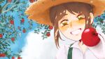 1girl :d apple blush brown_hair cloud day emma_woods food freckles fruit gloves green_eyes gremlintot hat highres holding holding_food holding_fruit identity_v looking_at_viewer open_mouth outdoors short_hair smile solo straw_hat sun_hat upper_body white_gloves 