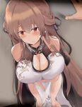  1girl absurdres azur_lane bare_shoulders black_ribbon blush braid breasts brown_hair china_dress chinese_clothes cleavage commentary_request dress eyebrows_visible_through_hair french_braid hair_ribbon highres large_breasts long_hair mole mole_under_mouth red_eyes ribbon sleeveless sleeveless_dress sweat swiftsure_(azur_lane) swiftsure_(pearlescent_beauty)_(azur_lane) tonchinkan wall_slam 