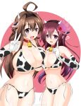  2girls ahoge animal_ears animal_print asymmetrical_docking bell bikini breast_press breasts brown_hair circle cleavage commentary_request cow_ears cow_horns cow_print cowbell double_bun elbow_gloves fake_animal_ears fake_horns gloves hair_ornament hairband highres horns huge_breasts index_finger_raised kantai_collection kisaragi_(kancolle) kisaragi_mizuto kongou_(kancolle) large_breasts long_hair looking_at_viewer multiple_girls purple_eyes side-tie_bikini swimsuit two-tone_background white_background white_bikini white_gloves 