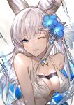  &gt;_o 1girl absurdres animal_ears bikini bikini_top blue_eyes collar erune eyebrows_visible_through_hair flower granblue_fantasy hair_flower hair_ornament heart_collar highres korwa long_hair looking_at_viewer one_eye_closed smile solo splashing suzu_(suzuame329) swimsuit upper_body water white_hair 