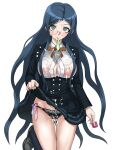  1girl akisora bangs black_jacket black_panties blazer blue_eyes blue_hair blush breasts bukkake cleavage clothes_lift commentary_request condom condom_in_mouth condom_wrapper crotchless crotchless_panties cum cum_in_pussy cum_on_body cum_on_breasts cum_on_clothes danganronpa_(series) danganronpa_v3:_killing_harmony facial female_pubic_hair glasses highres holding holding_condom jacket large_breasts lifted_by_self long_hair mouth_hold neck_ribbon nipples orange_ribbon panties parted_bangs pleated_skirt pubic_hair pussy ribbon school_uniform see-through see-through_shirt shirogane_tsumugi shirt simple_background skirt skirt_lift solo thighs underwear used_condom white_background white_shirt 