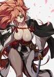  1girl amputee baiken big_hair black_jacket black_kimono breasts cherry_blossoms cleavage closed_mouth eyepatch facial_tattoo guilty_gear guilty_gear_xrd highres holding holding_sword holding_weapon jacket jacket_on_shoulders japanese_clothes kataginu katana kimono large_breasts multicolored multicolored_clothes multicolored_kimono one-eyed open_clothes open_kimono petals pink_eyes pink_hair ponytail rantia samurai sash scar scar_across_eye smile standing sword tattoo thighs weapon white_background white_kimono wide_sleeves 
