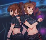  2girls ahoge back-to-back bangs belly_chain black_skirt blue_eyes blurry blurry_background brown_hair commentary crop_top depth_of_field drill_hair earrings english_commentary eyebrows_visible_through_hair hair_tie idol idolmaster idolmaster_million_live! idolmaster_million_live!_theater_days jewelry kamille_(vcx68) looking_at_viewer looking_back medium_hair midriff miniskirt multiple_girls navel parted_lips ponytail purple_eyes satake_minako short_sleeves side_drill side_ponytail sidelocks skirt wristband yokoyama_nao 