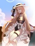  1girl arknights black_choker black_gloves black_swimsuit blonde_hair blurry bokeh breasts center_opening choker cloud cloudy_sky commentary depth_of_field feet_out_of_frame gloves green_eyes hat highres j_fang jewelry knees_together_feet_apart long_hair looking_at_viewer medium_breasts necklace official_alternate_costume one-piece_swimsuit outdoors partially_fingerless_gloves pearl_necklace sarong sideboob single_glove sky solo sun_hat swimsuit swire_(arknights) thigh_gap thigh_strap thighs very_long_hair white_headwear white_sarong 