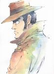  1boy agahari black_eyes black_hair brown_coat brown_headwear closed_mouth coat commentary_request grey_background hat highres looking_away lupin_iii male_focus profile short_hair simple_background traditional_media upper_body zenigata_kouichi 