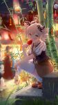  1girl bag bamboo bangs blurry blurry_background blurry_foreground bronya_zaychik bronya_zaychik_(wolf&#039;s_dawn) candy_apple drill_hair earrings fish food goldfish grass grey_eyes grey_hair hair_between_eyes hair_ribbon highres holding holding_food holding_weapon honkai_(series) honkai_impact_3rd jewelry licking looking_at_viewer necktie plastic_bag red_footwear ribbon shoes short_sleeves squatting thighhighs tongue tongue_out twin_drills weapon wh_(user_zrmr8753) white_legwear wind_chime yellow_neckwear 