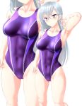  1girl abs absurdres breasts brown_eyes competition_swimsuit covered_navel cowboy_shot glasses highres kitora_mirja long_hair medium_breasts multicolored multicolored_clothes multicolored_swimsuit multiple_views one-piece_swimsuit purple_swimsuit silver_hair simple_background standing swimsuit takafumi toji_no_miko white_background zoom_layer 