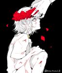  2boys awara_kayu bangs bell big_madame_(tokyo_ghoul) black_background black_choker black_nails blood blood_on_face bracelet choker commentary_request feet_out_of_frame flower from_side hair_flower hair_ornament jewelry knees_up multiple_boys neck_bell otoko_no_ko petals red_flower short_hair short_sleeves simple_background solo_focus spoilers spot_color suzuya_juuzou tokyo_ghoul tokyo_ghoul:re 
