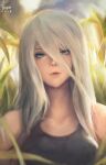  1girl android artist_name bare_shoulders black_tank_top collarbone dated grey_eyes hair_between_eyes highres joints long_hair mole mole_under_mouth nier_(series) nier_automata parted_lips robot_joints seuyan solo tank_top white_hair yorha_type_a_no._2 