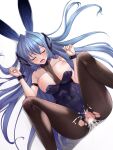  1boy 1girl ? animal_ears arm_strap ass azur_lane bare_shoulders black_legwear blue_eyes blue_hair bodystocking breasts cleavage closed_eyes clothing_aside eyebrows_visible_through_hair fake_animal_ears from_above headgear hetero highres large_breasts leotard leotard_aside long_hair lying m_legs nail_polish new_jersey_(azur_lane) new_jersey_(exhilarating_steps!)_(azur_lane) official_alternate_costume on_back open_mouth playboy_bunny purple_leotard rabbit_ears saliva saliva_trail see-through shenqi_(toid310) skin_tight solo_focus strapless strapless_leotard taut_clothes tongue torn_bodystocking torn_clothes very_long_hair white_background white_nails wrist_cuffs wrist_grab 