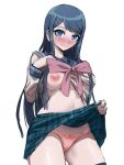  1girl akisora bangs blue_eyes blue_hair blue_skirt blush bow bow_panties breasts breasts_outside clothes_lift commentary_request danganronpa:_trigger_happy_havoc danganronpa_(series) highres lifted_by_self long_hair maizono_sayaka medium_breasts one_breast_out panties pink_bow pink_neckwear pink_panties plaid plaid_skirt sailor_collar school_uniform serafuku simple_background skirt skirt_lift smile solo thighhighs thighs underwear white_background 