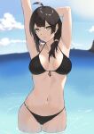  1girl absurdres arm_behind_head bikini black_bikini black_hair blue_sky breasts closed_mouth collarbone copper eyebrows_visible_through_hair girls&#039;_frontline hands_up helianthus_(girls&#039;_frontline) highres long_hair looking_at_viewer medium_breasts monocle navel ocean ribbon_bra sky solo standing swimsuit yellow_eyes 