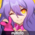  1girl bang_(gesture) bangs close-up closed_mouth elbow_gloves finger_gun gloves hair_between_eyes highres honkai_(series) honkai_impact_3rd huge_filesize long_hair looking_at_viewer parody pointing pointing_at_viewer portrait purple_eyes purple_gloves purple_hair simple_background sirin smile solo vincent_wiltshire yellow_background yellow_eyes 