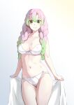  1girl absurdres bra breasts closed_mouth collarbone copper eyebrows_visible_through_hair green_eyes highres holding holding_towel kanroji_mitsuri kimetsu_no_yaiba long_hair looking_at_viewer medium_breasts mole mole_under_eye multicolored_hair navel panties pink_hair solo standing thighs towel underwear white_background white_bra white_panties 