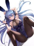  1girl :3 animal_ears arm_behind_head arm_strap armpits ass azur_lane bare_shoulders black_legwear blue_eyes blue_hair bodystocking breasts cleavage eyebrows_visible_through_hair fake_animal_ears from_above headgear highres large_breasts leotard long_hair lying m_legs nail_polish new_jersey_(azur_lane) new_jersey_(exhilarating_steps!)_(azur_lane) official_alternate_costume on_back playboy_bunny purple_leotard rabbit_ears see-through shenqi_(toid310) skin_tight solo strapless strapless_leotard taut_clothes very_long_hair white_background white_nails wrist_cuffs 