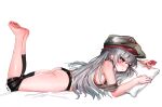  1girl barefoot black_nails black_panties breasts condom condom_wrapper dokomon feet feet_up g11_(girls&#039;_frontline) girls&#039;_frontline green_headwear grey_hair hat holding holding_condom long_hair lying medium_breasts on_stomach panties pillow red_eyes soles solo the_pose toes underwear 