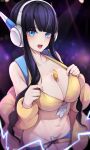  1girl bangs between_breasts black_hair blue_eyes blue_shorts blunt_bangs blush breasts cleavage clothes_pull coat collarbone crop_top ddangbi electricity elesa_(pokemon) fur_coat groin headphones highres large_breasts long_hair low_twintails navel off_shoulder open_mouth pants pants_pull pokemon pokemon_(game) pokemon_bw shirt_pull shorts sleeveless solo stomach twintails two-tone_shorts upper_teeth yellow_coat yellow_crop_top yellow_shorts 
