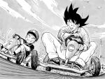  2boys :d blush commentary dragon_ball dragon_ball_z driving english_commentary go-kart greyscale grin helmet kuririn male_focus monochrome multiple_boys open_mouth smile son_goku y_naf 