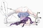  1girl absurdres apron ass bandaged_arm bandaged_leg bandages bandaid bandaid_on_knee bangs blush clothes_lift commentary_request danganronpa_(series) danganronpa_2:_goodbye_despair facing_viewer flexible full_body highres intravenous_drip jack-o&#039;_challenge long_hair meme mole mole_under_eye murasaki_(deceive138) panties pink_shirt purple_hair shiny shiny_hair shirt simple_background skindentation skirt skirt_flip skirt_lift solo speech_bubble spread_legs teeth top-down_bottom-up translated tsumiki_mikan underwear white_background white_footwear white_panties 