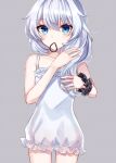  1girl bangs blue_eyes chabatake closed_mouth dress grey_background hair_between_eyes highres honkai_(series) honkai_impact_3rd in_mouth long_hair looking_at_viewer nightgown pajamas shirt side_ponytail simple_background sleeveless sleeveless_dress solo theresa_apocalypse white_dress white_hair white_shirt 