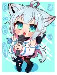  1girl ahoge animal_ears bangs black_bow blue_background blush border bow braid child commentary_request detached_sleeves ear_blush eyebrows_visible_through_hair fox_ears fox_girl fox_tail green_eyes hair_between_eyes hair_bow highres holding holding_microphone hololive hood hoodie long_hair looking_at_viewer looking_up microphone open_mouth pentagram sakuramochi_(sakura_frappe) shirakami_fubuki sidelocks single_braid single_thighhigh solo tail tail_around_leg thigh_strap thighhighs translation_request virtual_youtuber white_hair white_hoodie 