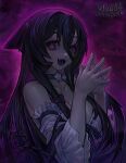  1girl :d @_@ black_hair bow breasts choker collarbone commission detached_sleeves dress fangs flower_choker hair_between_eyes hair_bow highres large_breasts long_hair looking_at_viewer open_mouth original own_hands_together purple_eyes smile solo v1v404 very_long_hair white_dress 