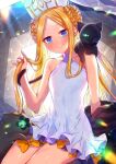  1girl abigail_williams_(fate) abigail_williams_(swimsuit_foreigner)_(fate) akirannu backlighting bangs bare_shoulders black_bow black_cat blonde_hair blue_eyes bow braid braided_bun breasts cat double_bun dress_swimsuit fate/grand_order fate_(series) forehead highres long_hair mitre multiple_bows orange_bow parted_bangs sidelocks small_breasts smile swimsuit twintails very_long_hair white_headwear white_swimsuit 
