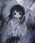  1girl bangs black_background black_eyes black_hair black_skirt eyebrows_visible_through_hair grey_background highres holding holding_umbrella long_hair long_sleeves looking_at_viewer multicolored multicolored_background original shirt signature skirt solo tabmur umbrella white_shirt 