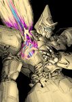  black_background commentary copyright_request english_commentary explosion highres mecha no_humans simple_background spot_color upper_body y_naf 