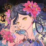  1girl bare_shoulders black_hair braid earrings flower hair_flower hair_ornament jewelry looking_at_viewer original pink_flower shadow signature smile solo umishima_senbon upper_body yellow_eyes yellow_nails 