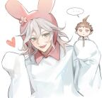  ... 2boys :d ahoge animal_ears animal_hood bangs brown_eyes brown_hair bunny_hood chibi cosplay danganronpa_(series) danganronpa_2:_goodbye_despair expressionless fake_animal_ears flower green_neckwear grey_hair hair_between_eyes hands_up hat hat_flower heart hinata_hajime holding_another hood kigurumi komaeda_nagito long_sleeves looking_at_viewer male_focus medium_hair messy_hair multiple_boys necktie open_mouth rabbit_ears shirt short_hair simple_background smile speech_bubble spoken_ellipsis tanu0706 white_background 