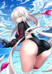  1girl ahoge ass back bent_over bikini black_gloves blue_sky cloud cloudy_sky commentary_request fate/grand_order fate_(series) gloves grin harukey highres jeanne_d&#039;arc_(alter_swimsuit_berserker)_(fate) jeanne_d&#039;arc_(fate)_(all) long_hair looking_at_viewer mountain mullet ocean outdoors petals sky smile swimsuit thick_thighs thighhighs thighs very_long_hair water wet wet_clothes wet_swimsuit white_hair yellow_eyes 