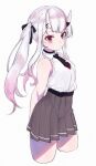  1girl arms_behind_back black_necktie black_ribbon black_skirt breasts closed_mouth collared_shirt commentary cowboy_shot cropped_legs gradient_hair grey_background hair_ribbon highres hololive horns long_hair looking_at_viewer medium_breasts miniskirt multicolored_hair nakiri_ayame nakiri_ayame_(streetwear) necktie nosir_onadat official_alternate_costume pink_hair pleated_skirt red_eyes red_hair ribbon shirt shirt_tucked_in short_necktie sidelocks simple_background skin-covered_horns skirt sleeveless sleeveless_shirt solo streaked_hair twintails virtual_youtuber white_hair white_shirt wing_collar 