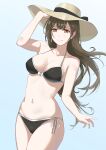  1girl absurdres bare_shoulders bikini black_bikini black_swimsuit breasts brown_eyes brown_hair cleavage closed_mouth collarbone copper eyebrows_visible_through_hair from_below halterneck hand_on_headwear hat highres idolmaster idolmaster_shiny_colors kuwayama_chiyuki long_hair looking_at_viewer medium_breasts navel side-tie_bikini simple_background smile solo standing string_bikini sun_hat swimsuit 