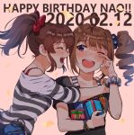  2girls background_text bangs black_shirt blue_scrunchie bow bracelet character_name closed_eyes commentary confetti dated drill_hair english_commentary english_text eyebrows_visible_through_hair gift hair_bow hair_ornament hair_scrunchie happy_birthday holding holding_gift hug idolmaster idolmaster_million_live! jewelry kamille_(vcx68) long_sleeves looking_at_another medium_hair mixed-language_commentary multiple_girls off-shoulder_shirt off_shoulder one_eye_closed open_mouth ponytail print_scrunchie print_shirt purple_eyes red_bow satake_minako scrunchie shirt side_drill side_ponytail sidelocks smile star_(symbol) star_print striped striped_shirt t-shirt tearing_up tears wiping_tears yokoyama_nao 