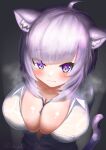  1girl :3 absurdres ahoge alternate_costume animal_ears bangs between_breasts blunt_bangs blush breasts cat_ears cat_girl cat_tail cleavage eyebrows_visible_through_hair highres hololive huge_filesize large_breasts navel necktie necktie_between_breasts nekomata_okayu official_alternate_costume purple_eyes purple_hair school_uniform see-through solo steaming_body sweat tail tebingo unbuttoned unbuttoned_shirt upper_body virtual_youtuber wet wet_clothes 