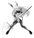  1girl ahoge anno88888 bangs blunt_bangs breasts dress gloves greyscale hair_ribbon headgear highres holding holding_weapon kantai_collection long_hair monochrome murakumo_(kancolle) necktie open_mouth pantyhose polearm remodel_(kantai_collection) ribbon short_sleeves simple_background small_breasts solo thighband_pantyhose tress_ribbon weapon 