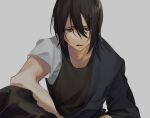  1boy akagiasami asymmetrical_clothes bangs black_hair en&#039;en_no_shouboutai grey_background hair_between_eyes layered_clothing looking_at_viewer male_focus mismatched_pupils parted_lips red_eyes shinmon_benimaru simple_background solo upper_body 