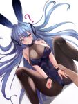  1boy 1girl ? animal_ears arm_strap ass azur_lane bare_shoulders black_legwear blue_eyes blue_hair bodystocking breasts cleavage eyebrows_visible_through_hair fake_animal_ears from_above headgear hetero highres large_breasts leotard long_hair lying m_legs nail_polish new_jersey_(azur_lane) new_jersey_(exhilarating_steps!)_(azur_lane) official_alternate_costume on_back playboy_bunny purple_leotard rabbit_ears see-through shenqi_(toid310) skin_tight solo_focus strapless strapless_leotard taut_clothes very_long_hair white_background white_nails wrist_cuffs wrist_grab 