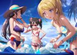  3girls adjusting_eyewear aqua_eyes armband ayase_eli bangs beach bikini bikini_skirt black_hair blonde_hair blue_bikini blue_eyes blue_sky blurry bottle bracelet breast_envy breasts cleavage closed_mouth cloud day depth_of_field english_commentary eyebrows_visible_through_hair floral_print flower frilled_bikini frills hair_between_eyes hair_flower hair_ornament hairclip halterneck hand_on_eyewear hand_on_hip hat holding holding_bottle ice jewelry large_breasts leaning_forward long_hair looking_ahead looking_at_another looking_at_viewer looking_over_eyewear love_live! love_live!_school_idol_festival_all_stars love_live!_school_idol_project medium_breasts medium_hair multiple_girls navel necklace open_mouth ponytail purple_bikini purple_hair red_bikini red_eyes rose shamakho sky small_breasts sun_hat sunglasses swimsuit teeth thigh_strap toujou_nozomi twintails water water_bottle yazawa_nico 