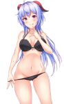  :p absurdres bangs black_bra black_panties blue_hair blush bow bow_bra bow_panties bra breasts eyebrows_visible_through_hair ganyu_(genshin_impact) genshin_impact highres horns long_hair looking_at_viewer medium_breasts navel neon_(hhs9444) panties panty_pull pulled_by_self purple_eyes solo sweat tongue tongue_out underwear underwear_only white_background 