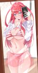  1girl bikini blue_eyes breasts cellphone cleavage clothes_lift go-toubun_no_hanayome large_breasts legs_together micosiva nakano_itsuki navel phone red_hair see-through see-through_skirt selfie shirt_lift skirt solo striped striped_bikini swimsuit thigh_gap thighs 