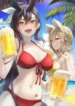  2girls :d :q alcohol alternate_costume animal_ears bangs bare_shoulders beach beer bikini black_hair black_wings blush breasts chest_tattoo cloud cloudy_sky commentary_request cowboy_shot cup day dual_wielding earbuds earphones eyebrows_visible_through_hair feathered_wings fingernails hair_between_eyes hair_ribbon hand_up holding holding_cup horizon horse_ears horseshoe_earrings kurokoma_saki large_breasts lips long_hair looking_at_viewer medium_hair multiple_girls navel no_hat no_headwear ok_sign open_mouth outdoors palm_tree pegasus_wings pointy_hair ponytail red_eyes ribbon sideways_glance sky smile swimsuit syuri22 tattoo tongue tongue_out touhou toyosatomimi_no_miko tree upper_teeth very_long_hair white_ribbon wings 