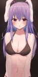  1girl :o absurdres animal_ears annoyed aohane bangs bare_shoulders bikini blush breasts cleavage collarbone dark_background eyebrows_visible_through_hair grey_background hair_between_eyes highres large_breasts long_hair looking_at_viewer navel parted_lips purple_eyes purple_hair rabbit_ears reisen_udongein_inaba revision sidelocks simple_background solo swimsuit touhou underboob upper_body very_long_hair 