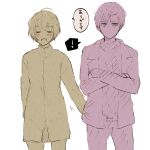  ! 2boys :d ahoge bangs blush closed_eyes clothes_grab commentary_request eyebrows_visible_through_hair highres jacket_grab looking_at_viewer male_focus multiple_boys mutsuki_tooru no_mouth open_mouth pants short_hair simple_background sketch smile speech_bubble sweater tokyo_ghoul tokyo_ghoul:re toukaairab translation_request upper_teeth urie_kuki white_background 